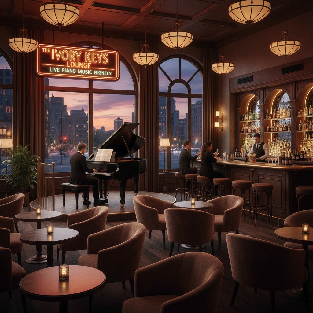 Un pianista suona il pianoforte a coda in un elegante bar con vista sulla città al tramonto.